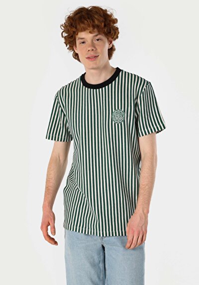 صورة من رقبة مستديرة مخطط للرجال تي شيرت أخضر قصير الأكمام