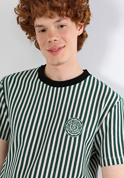 اعرض التفاصيل لـ   رقبة مستديرة مخطط للرجال تي شيرت أخضر قصير الأكمام