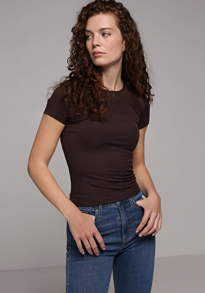 اعرض التفاصيل لـ ضيق ياقة مستديرة مستقيم نسائي بني كم قصير تي شيرت