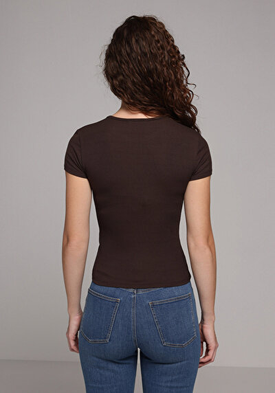 اعرض التفاصيل لـ ضيق ياقة مستديرة مستقيم نسائي بني كم قصير تي شيرت