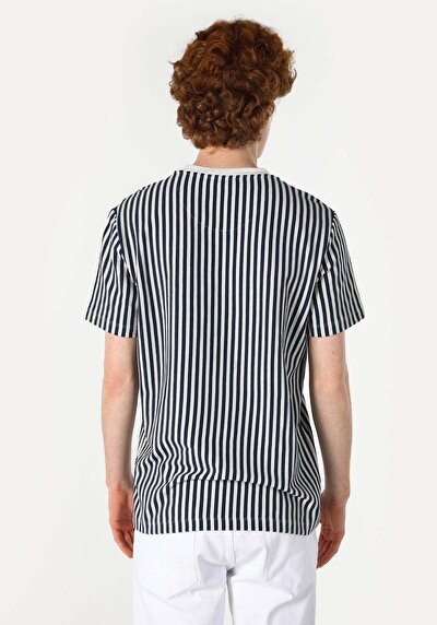 صورة من رقبة مستديرة مخطط رجالي أزرق كحلي كم قصير تي شيرت