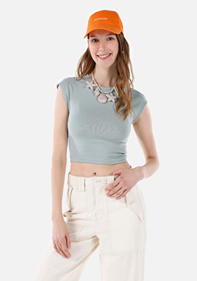 صورة من ضيق ياقة مستديرة مستقيم نسائي أخضر كم قصير تي شيرت