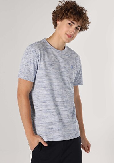 صورة من عادي مقاس رقبة مستديرة جاكار رجالي أزرق كم قصير تي شيرت