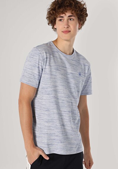 صورة من عادي مقاس رقبة مستديرة جاكار رجالي أزرق كم قصير تي شيرت