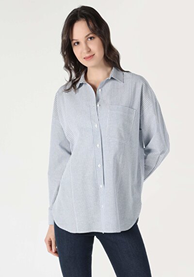 اعرض التفاصيل لـ أزرق للنساء قميص  كم طويل