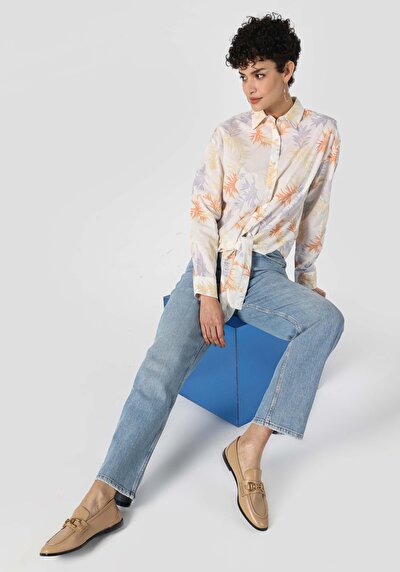 صورة من قميص   رقبة مطبوع نسائي متعدد الألوان كم طويل قميص