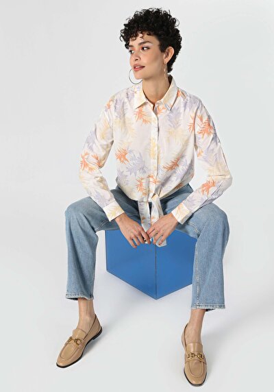 اعرض التفاصيل لـ قميص   رقبة مطبوع نسائي متعدد الألوان كم طويل قميص