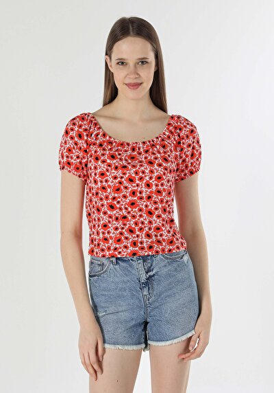 اعرض التفاصيل لـ ضيق عميق رقبة مستديرة نسائي أحمر كم قصير تي شيرت