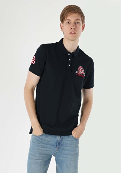 صورة من عادي رقبة بولو رجالي أزرق كحلي كم قصير تي شيرت