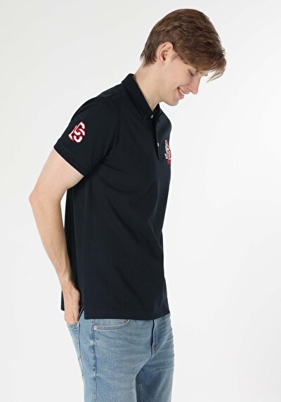 صورة من عادي رقبة بولو رجالي أزرق كحلي كم قصير تي شيرت