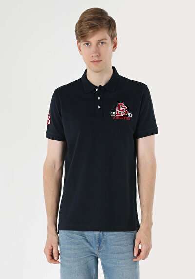 صورة من عادي رقبة بولو رجالي أزرق كحلي كم قصير تي شيرت