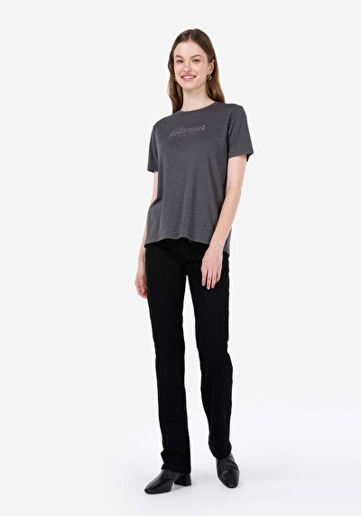 صورة من رقبة مستديرة مطبوعة نسائية أنثراسايت قصيرة الأكمام تي شيرت