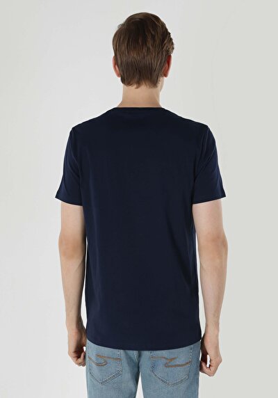 صورة من رقبة مستديرة مستقيم رجالي أزرق كحلي كم قصير تي شيرت