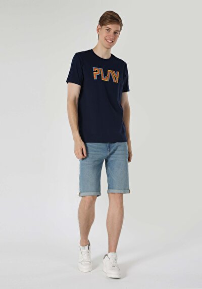 صورة من رقبة مستديرة مستقيم رجالي أزرق كحلي كم قصير تي شيرت