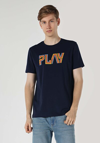 صورة من رقبة مستديرة مستقيم رجالي أزرق كحلي كم قصير تي شيرت