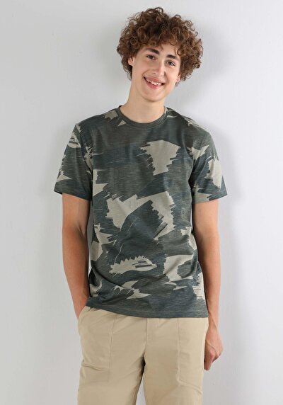 صورة من   رقبة مستديرة مطبوعة رجالي أخضر كم قصير تي شيرت