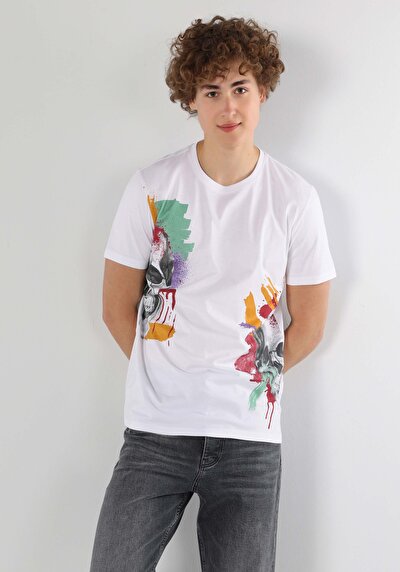 صورة من   رقبة مستديرة مستقيم تي شيرت أبيض بأكمام قصيرة للرجال