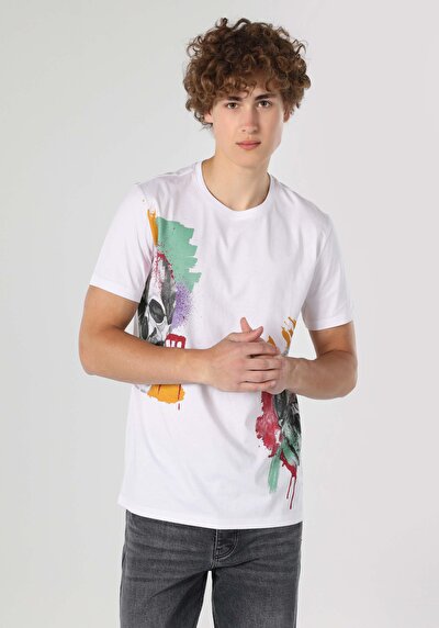 اعرض التفاصيل لـ   رقبة مستديرة مستقيم تي شيرت أبيض بأكمام قصيرة للرجال