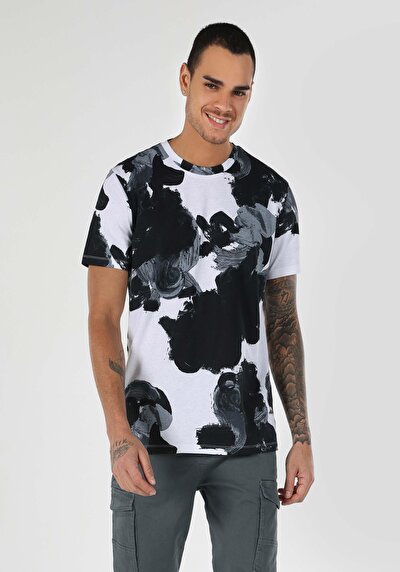 صورة من   رقبة مستديرة مطبوعة للرجال أبيض بأكمام قصيرة تي شيرت