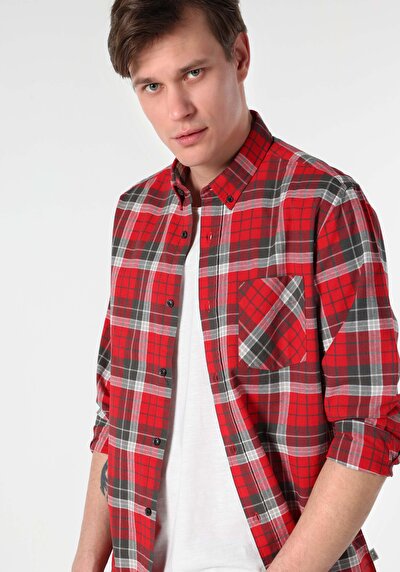 صورة من قميص   رقبة منقوشة رجالي أحمر كم طويل قميص