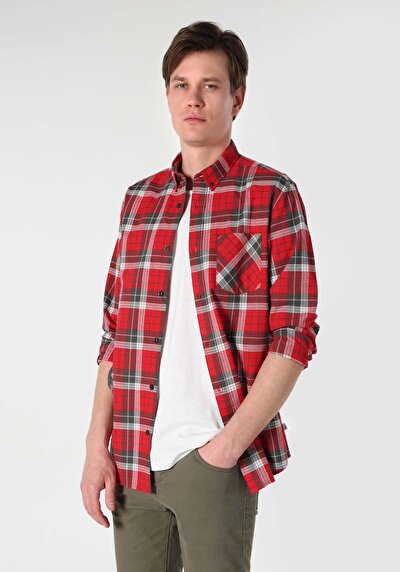 صورة من قميص رقبة منقوشة رجالي أحمر كم طويل قميص