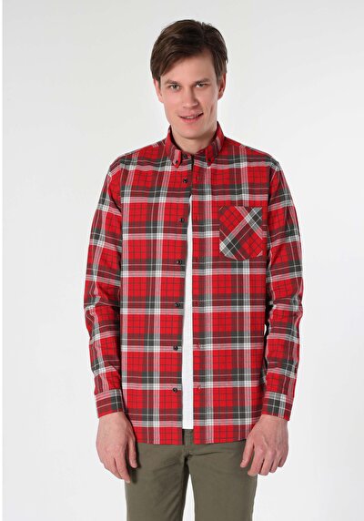 اعرض التفاصيل لـ قميص   رقبة منقوشة رجالي أحمر كم طويل قميص