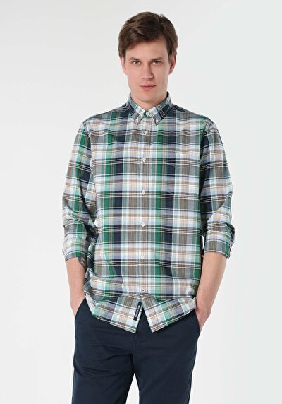 صورة من قميص   رقبة منقوشة رجالي قميص أخضر طويل الأكمام