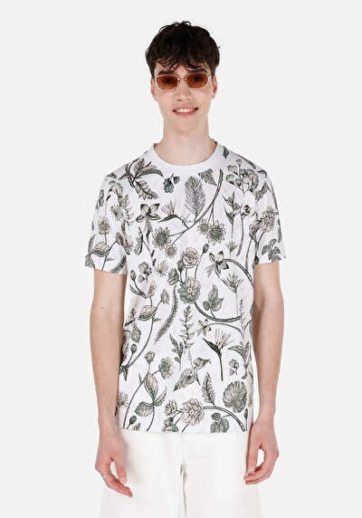 صورة من   رقبة مستديرة مطبوعة رجالي بيج كم قصير تي شيرت