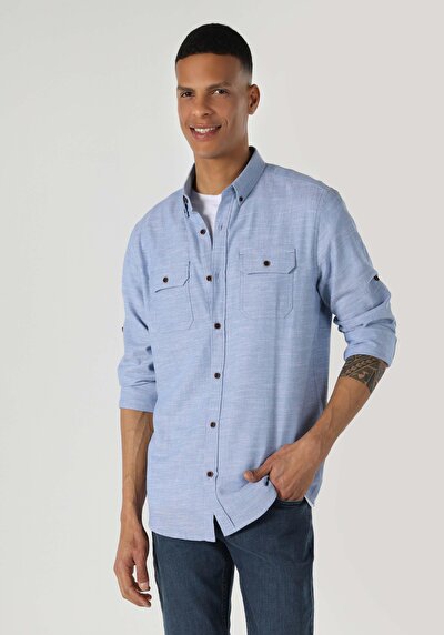 اعرض التفاصيل لـ أزرق للرجال قميص  كم طويل