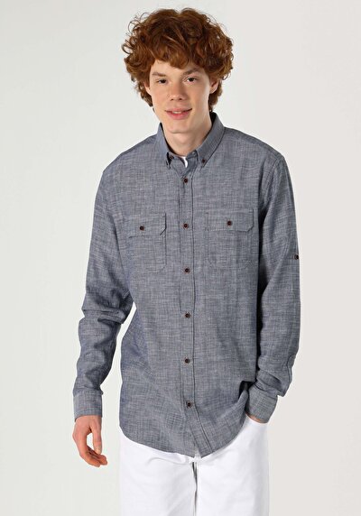 اعرض التفاصيل لـ أزرق بحري للرجال قميص  كم طويل