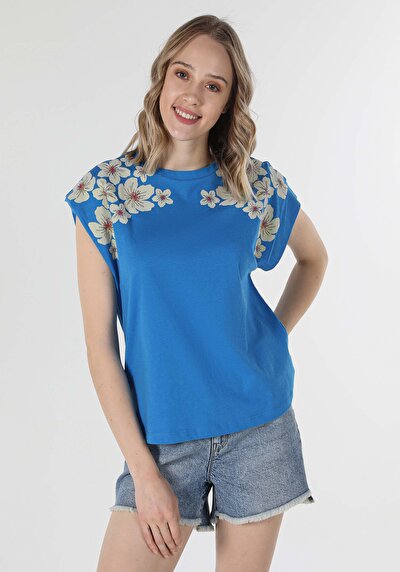 اعرض التفاصيل لـ أزرق للنساء تي شيرت بأكمام قصيرة