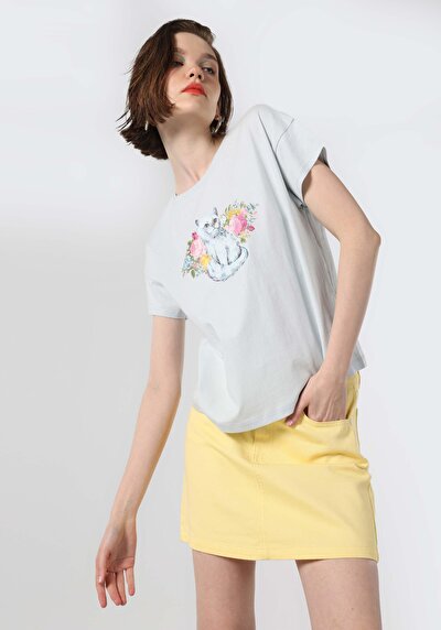 صورة من عادي رقبة مستديرة نسائي أزرق كم قصير تي شيرت