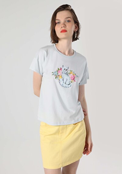 اعرض التفاصيل لـ عادي رقبة مستديرة نسائي أزرق كم قصير تي شيرت