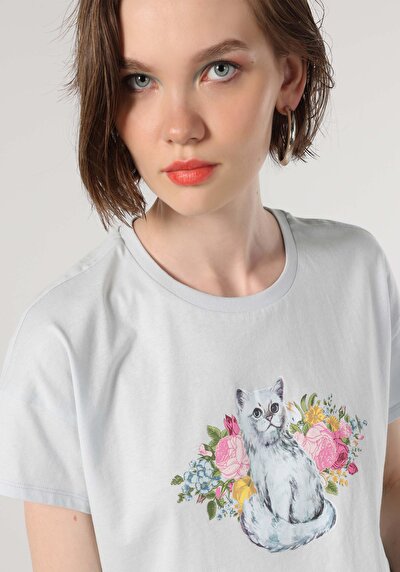 اعرض التفاصيل لـ عادي رقبة مستديرة نسائي أزرق كم قصير تي شيرت