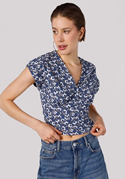 صورة من سليم صالح الخامس الرقبة المطبوعة الأزرق نسائي قصيرة الأكمام تي شيرت Cl1063258  