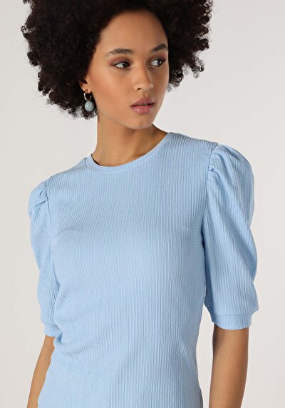 صورة من عادي رقبة مستديرة نسائي أزرق كم قصير تي شيرت