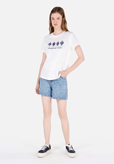 اعرض التفاصيل لـ   رقبة مستديرة مطبوعة نسائية أبيض قصيرة أكمام تي شيرت