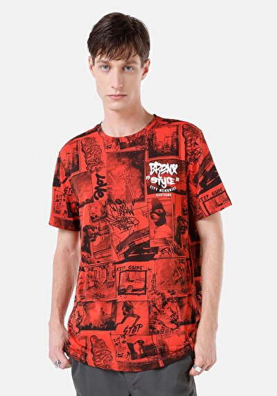 صورة من   رقبة مستديرة مطبوعة رجالي برتقالي كم قصير تي شيرت