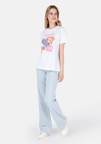 اعرض التفاصيل لـ   رقبة مستديرة مطبوعة نسائية أبيض قصيرة أكمام تي شيرت