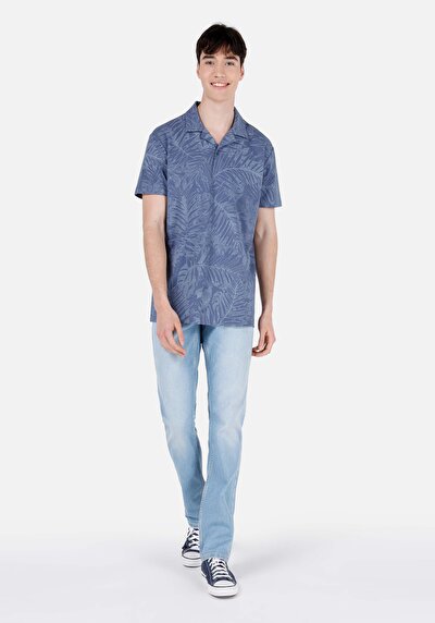 اعرض التفاصيل لـ كومفورت فيت بولو طوق مطبوع رجالي أزرق كم قصير تي شيرت