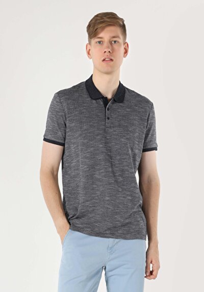 صورة من عادي رقبة بولو جاكار رجالي أزرق كحلي كم قصير تي شيرت