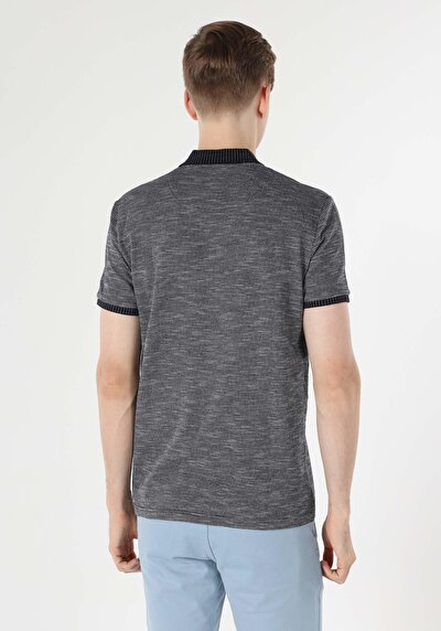 صورة من عادي رقبة بولو جاكار رجالي أزرق كحلي كم قصير تي شيرت