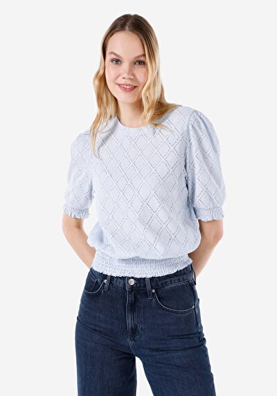 صورة من عادي رقبة مستديرة نسائي أزرق كم قصير تي شيرت