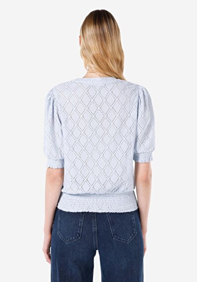 صورة من عادي رقبة مستديرة نسائي أزرق كم قصير تي شيرت