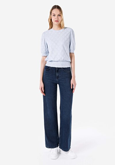 صورة من عادي رقبة مستديرة نسائي أزرق كم قصير تي شيرت