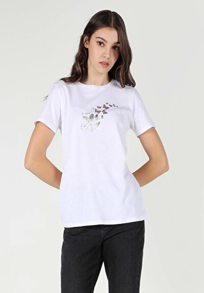 صورة من   رقبة مستديرة مطبوعة نسائية أبيض قصيرة أكمام تي شيرت