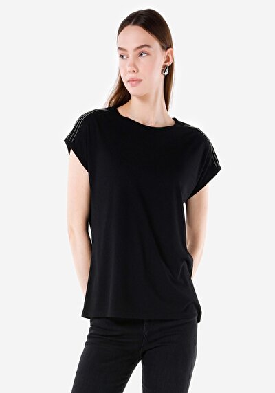 صورة من عادي مقاس رقبة مستديرة نسائي أسود كم قصير تي شيرت