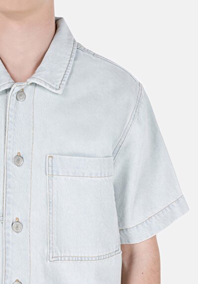 اعرض التفاصيل لـ   الياقة الكلاسيكية مستقيم رجالي أزرق كم قصير قميص