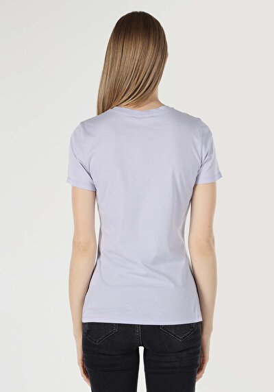 اعرض التفاصيل لـ   رقبة مستديرة مطبوعة نسائية أرجواني بأكمام قصيرة تي شيرت