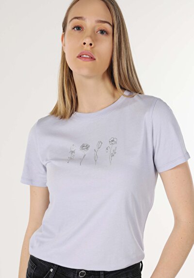 اعرض التفاصيل لـ   رقبة مستديرة مطبوعة نسائية أرجواني بأكمام قصيرة تي شيرت